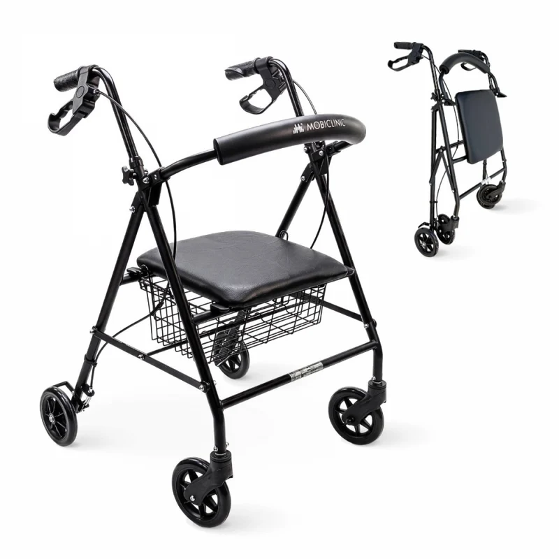 Walker | Pliable | Aluminium | Freins sur les poignées | Siège et dossier | 4 roues | Noir mat | Escorial | Mobiclinic