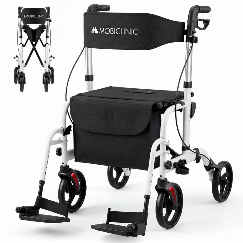 Déambulateur avec repose-pieds et dossier | Pliable | Aluminium | Freins | Roues à 360° | Sac | Porte-canne | Ibiza | Mobiclinic