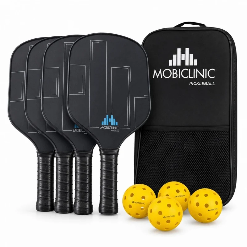 Ensemble de pickleball | 4 raquettes en fibre de verre | 4 balles | Sac de transport | Grip antidérapante | Mobiclinic