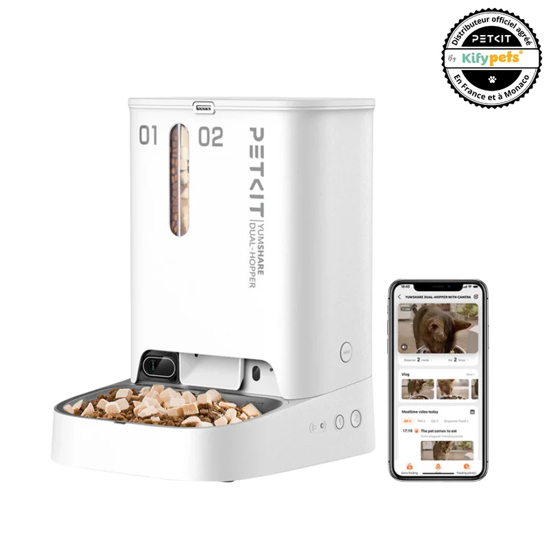 YumShare Dual-hopper distributeur de croquettes automatique connecté double avec caméra IA - 5L
