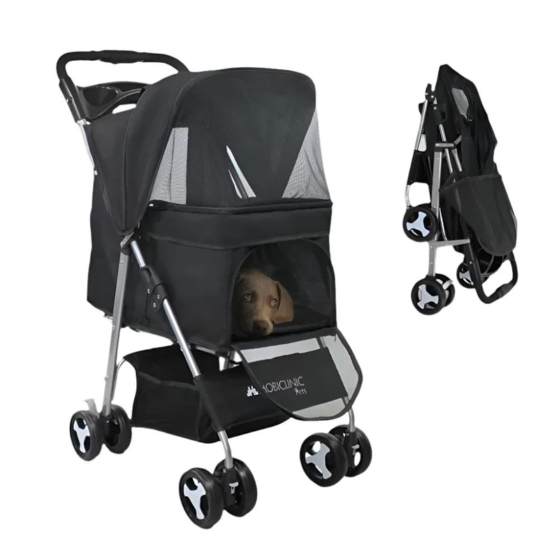 Poussette pour chien | Pliable |Roues frein et 360º |3 accès |Auvent| Panier de rangement et porte-gobelet |Noir |Zuma| Mobiclinic
