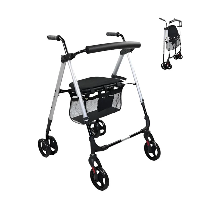 Déambulateur pliable | Aluminium | Avec panier et siège | Freins à pression | 4 roues | Premium | Dehesa | Mobiclinic