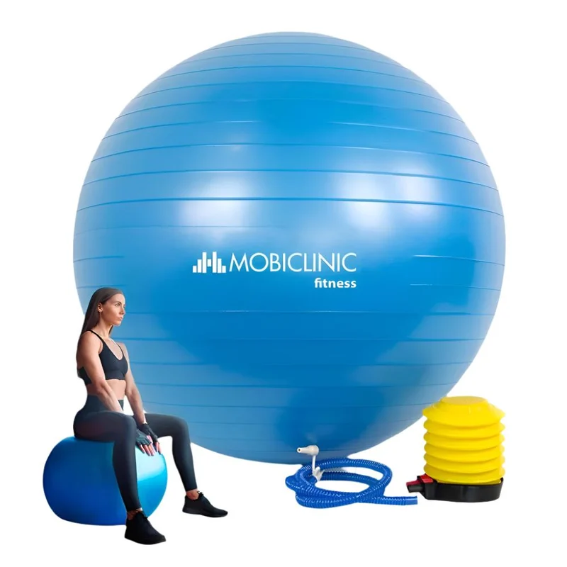 Ballon de Pilates | Antidérapant | Anti-perforation | Gonfleur inclus | Lavable | 58 cm | Bleu | PY-01 |Mobiclinic