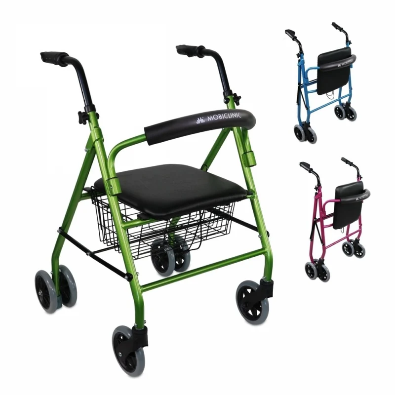 Déambulateur pliable | Siège et dossier | Aluminium | Panier | Pour les personnes âgées | Vert | Prado | Mobiclinic