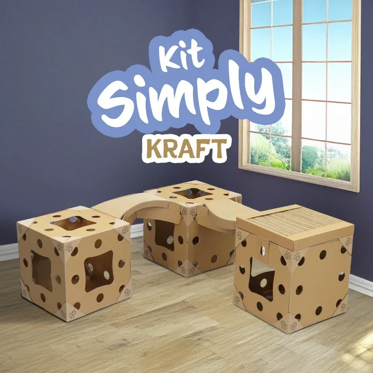 Arbre à Chat en Carton - Kit 3 Cubes Kraft, 2 Arches, 1 Griffoir