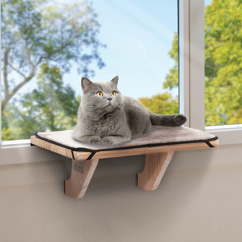 PETSFIT Adjustable Cat Window Perch with Wood Frame & Removable Pads