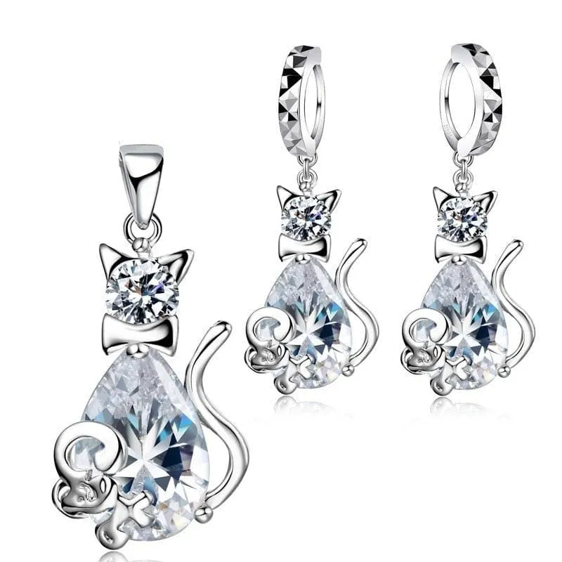 Set pendentif et boucles d'oreilles chat argent et zircon WELRYKAT™