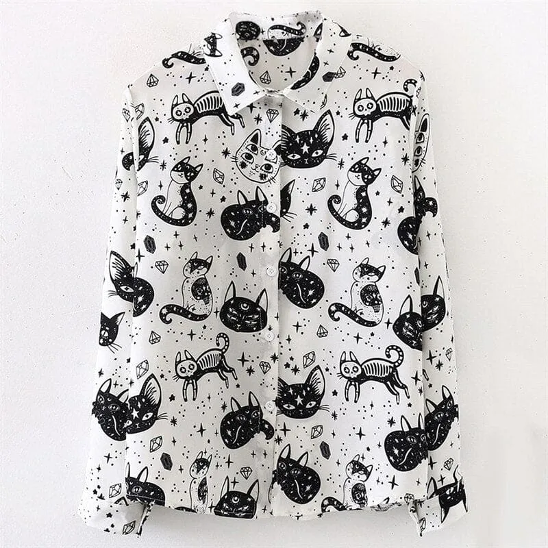 Chemisier femme motifs de chats noirs et blancs BLUZKAT™