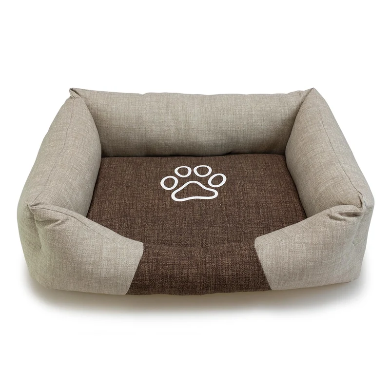 Cama cuadrada marrón y beige con Huella