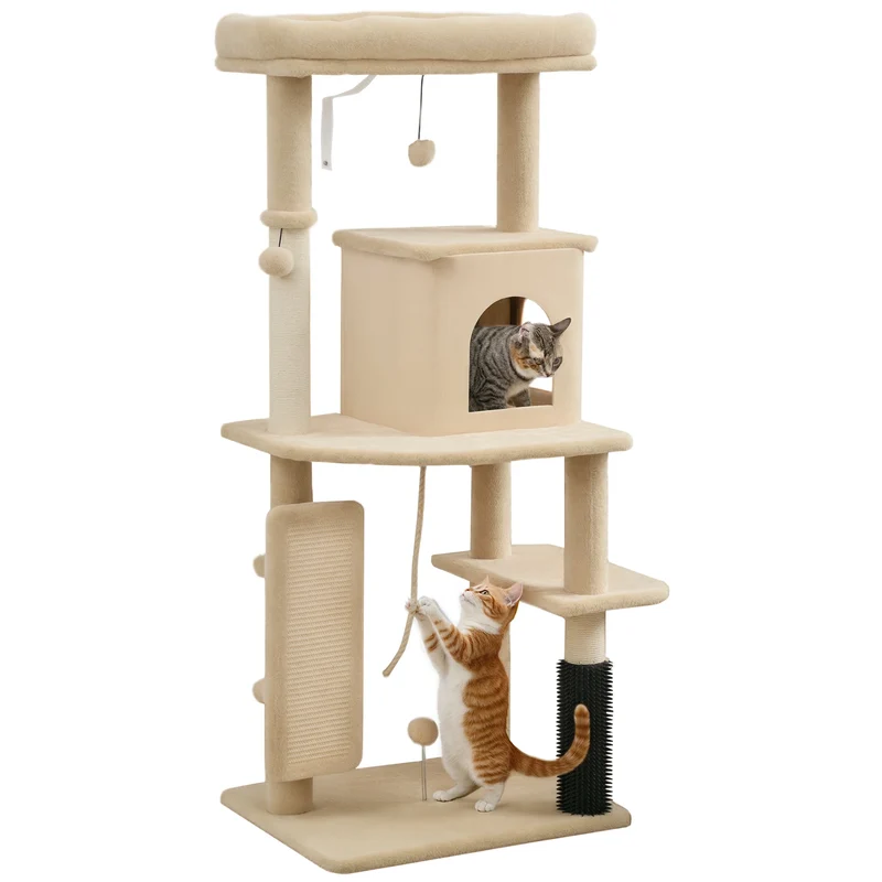 Arbre à Chat 132 cm Beige avec Brosse Intégrée, Niche et Griffoirs Sisal – Modèle "Le Coin Brosse"