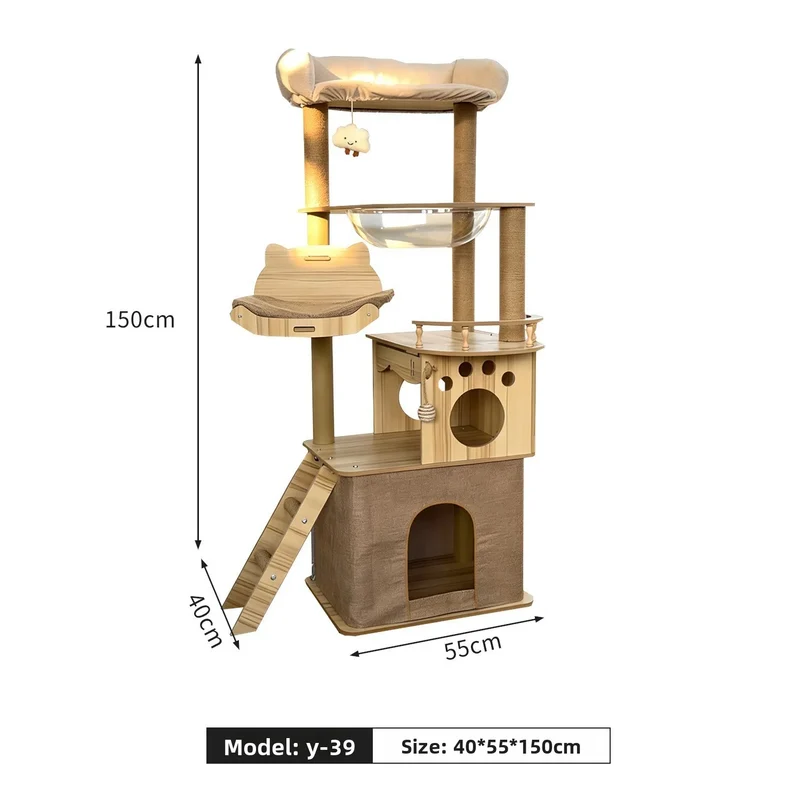 Arbre à Chat en Bois 150-155 cm avec Capsule Spatiale et Griffoirs – Modèle "La Capsule Spatiale"