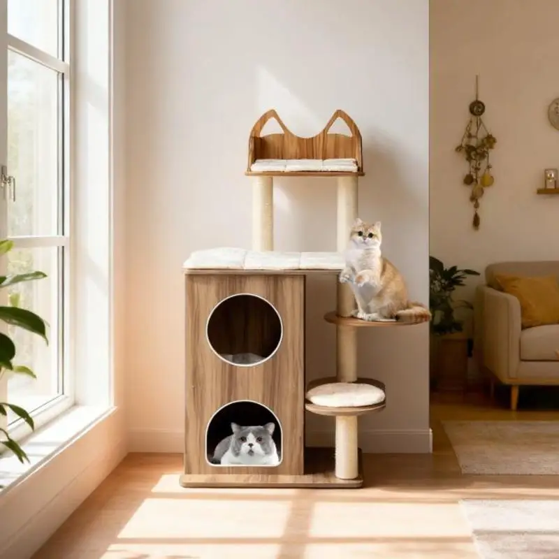 Arbre à Chat 122 cm en Bois Naturel avec Niche 2 Étages et Coussin Amovible – Modèle "Le Bois Nature"
