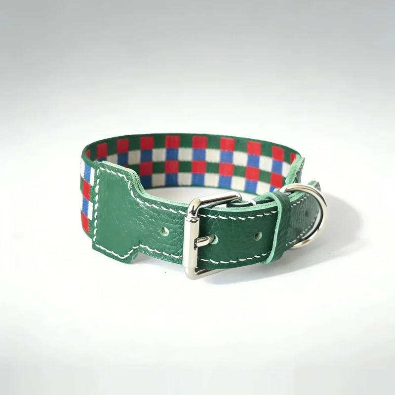 Collier Large Pour Chien Damier Multicolore En Cuir Véritable