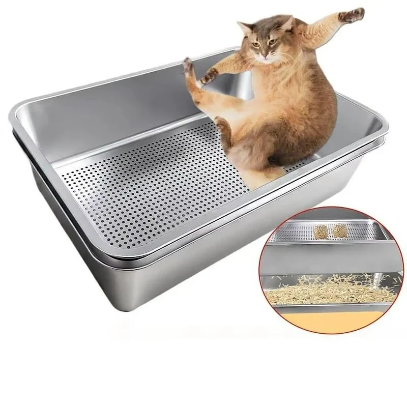 Bac à litière ouvert en inox anti-projection – Modèle "SteelTray EasyClean"