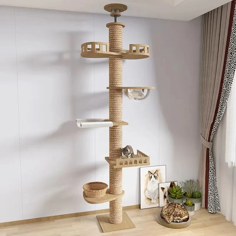 Arbre a chat XXL en bois naturel du sol au plafond avec hamac, Adapté gros chats, Maine Coon - Modèle : "SkyCat"