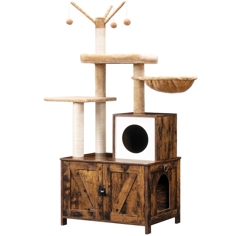 Arbre a Chat bois rustique avec Meuble à Litière - Modèle "HideawayPaws Pro"